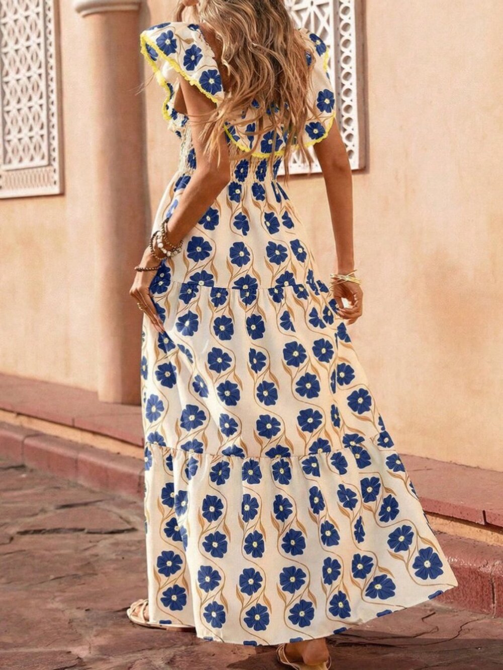Navy Blue Boho Women's Elegant Long Dress with Ruffle - Picture 2 of 7